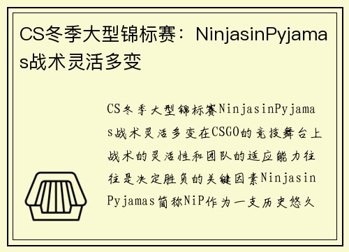 CS冬季大型锦标赛：NinjasinPyjamas战术灵活多变